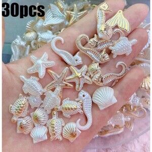 30Pc Ocean & Beach Gold Charms, Assorted Seashell, Fish, Starfish & Sea Animal